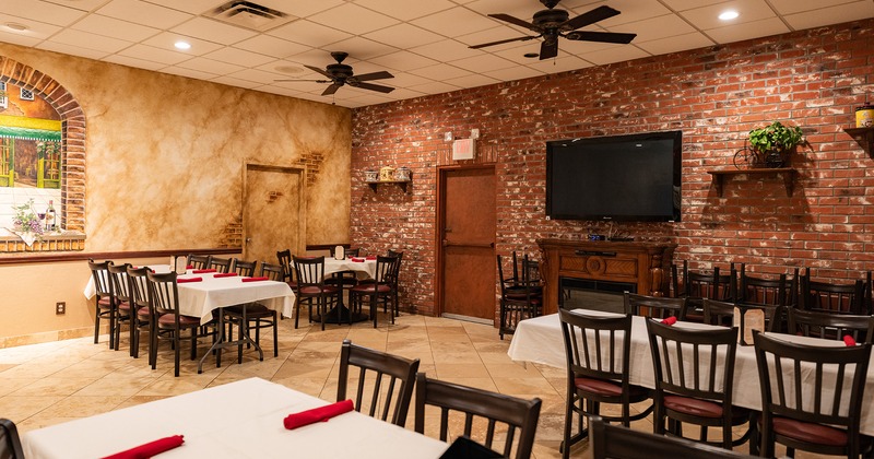 Interior space, private banquet room with set tables