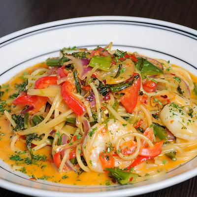Shrimp pasta served