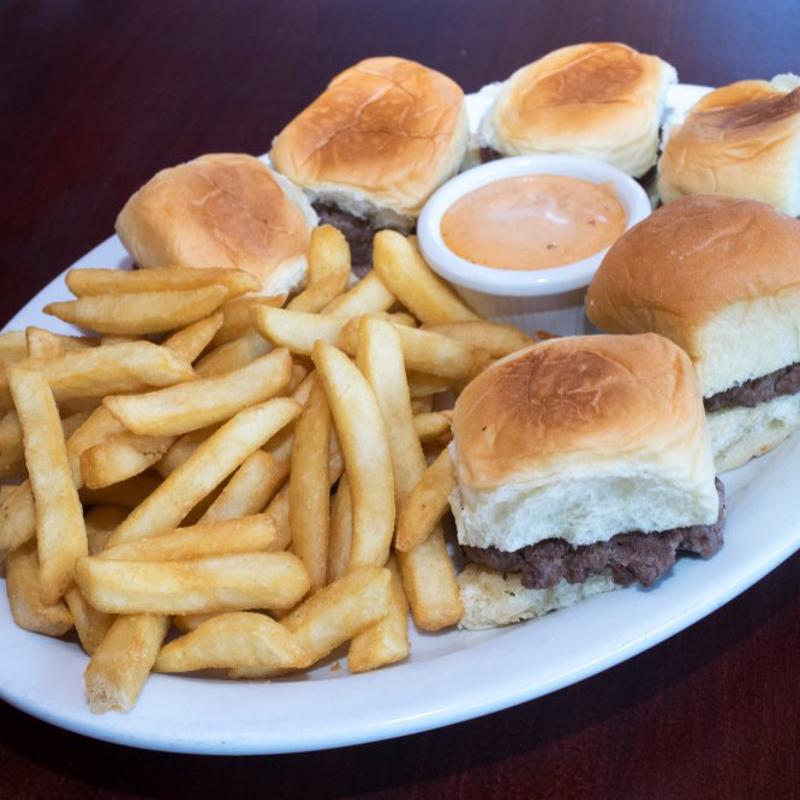 Small burgers, fries and dip