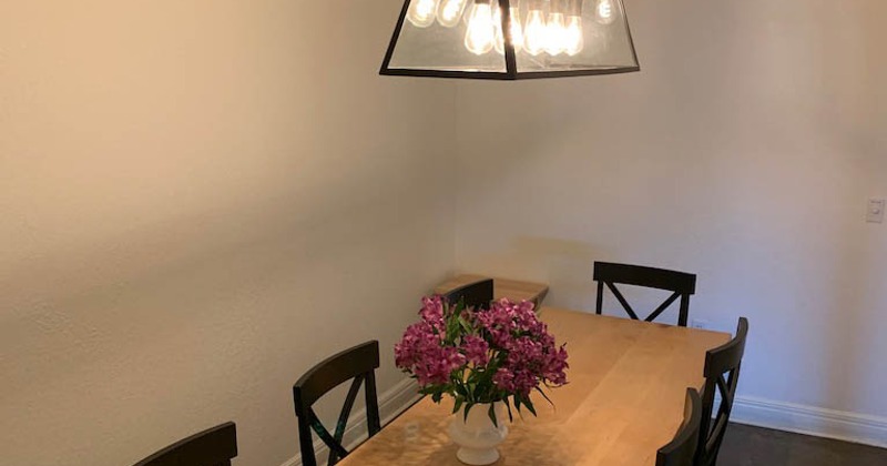 Interior, a table with chairs and flowers