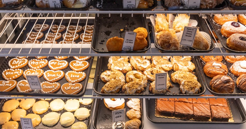Bakery display case with sweet pastries