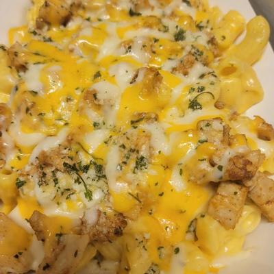 Chicken with macaroni and cheese, closeup