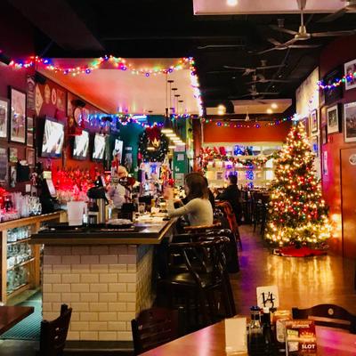 Interior, bar area and a Christmas tree