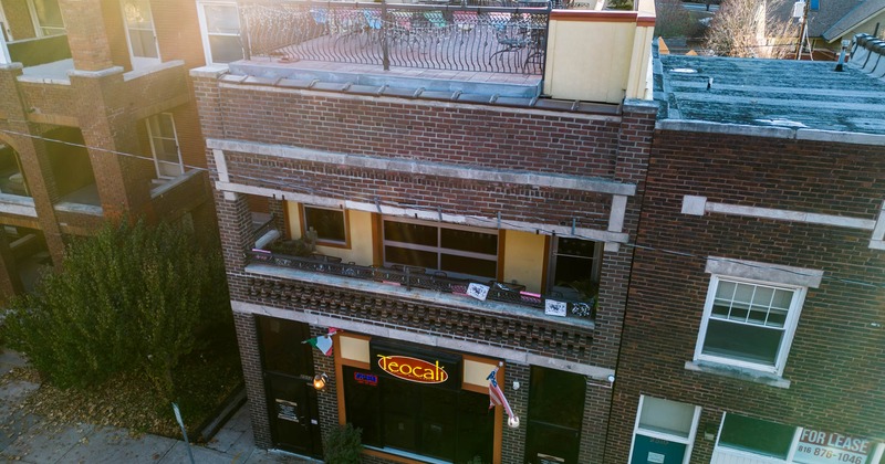 Exterior, aerial view to the restaurant entrance