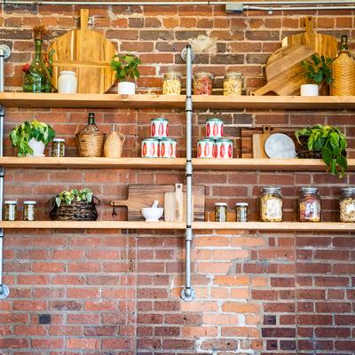 Interior, a shelf with different jars and decorative details
