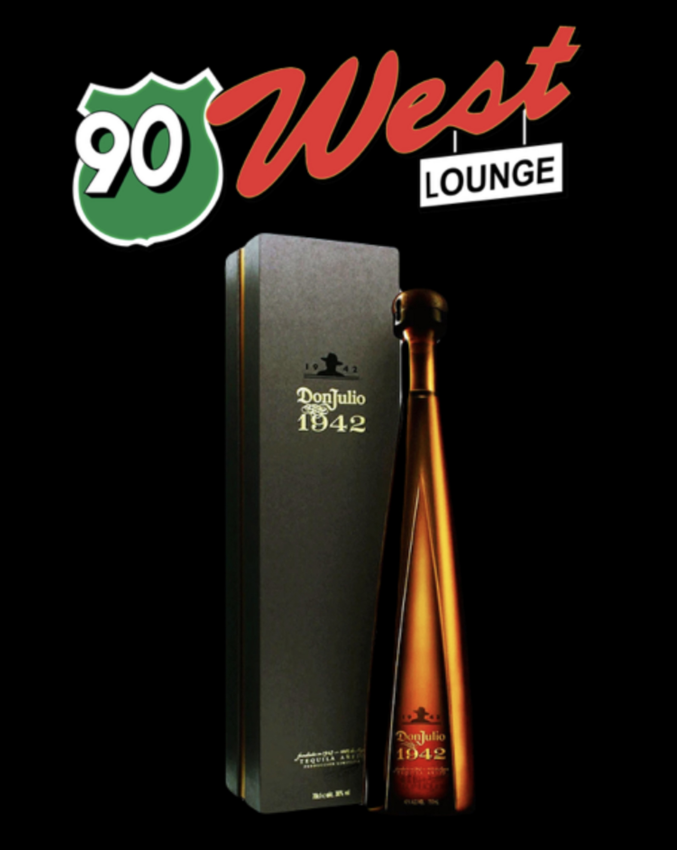 Don Julio 1942 tall thin bottle with the box it comes in. 90 West Logo..