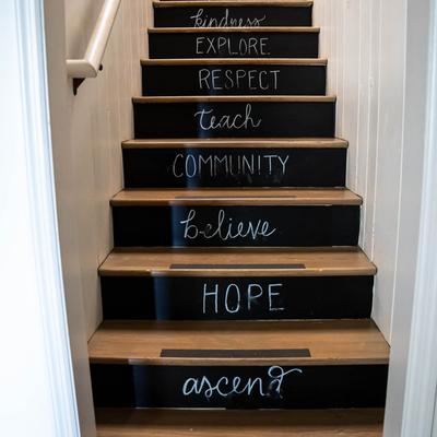 Interior, staircase with words