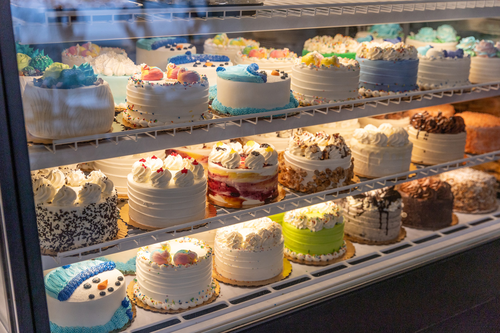 Various cakes displayed in a glass case