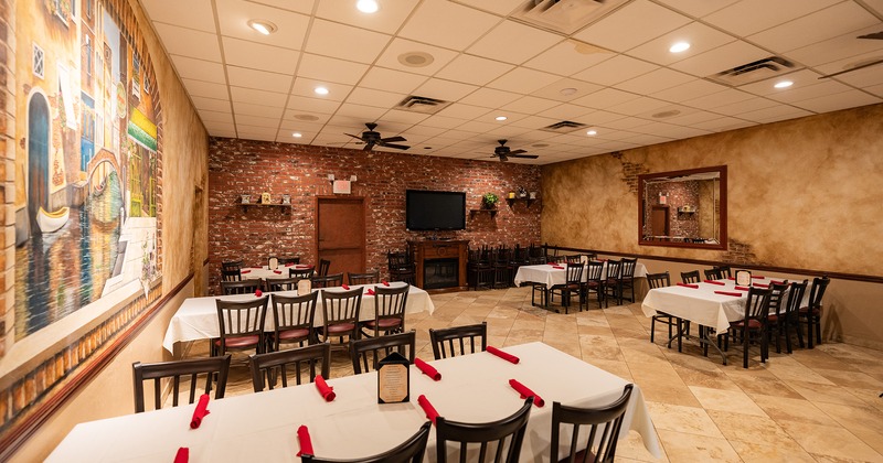 Restaurant interior, private banquet room with set tables