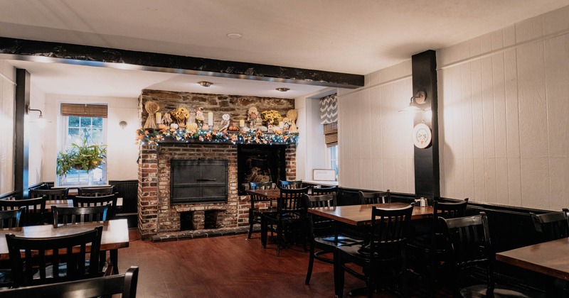 Interior, dining area, fireplace in the back