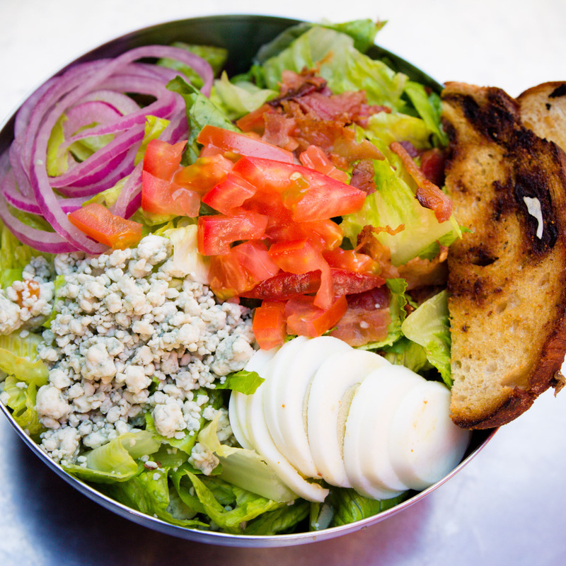 Cobb salad with toast, top view