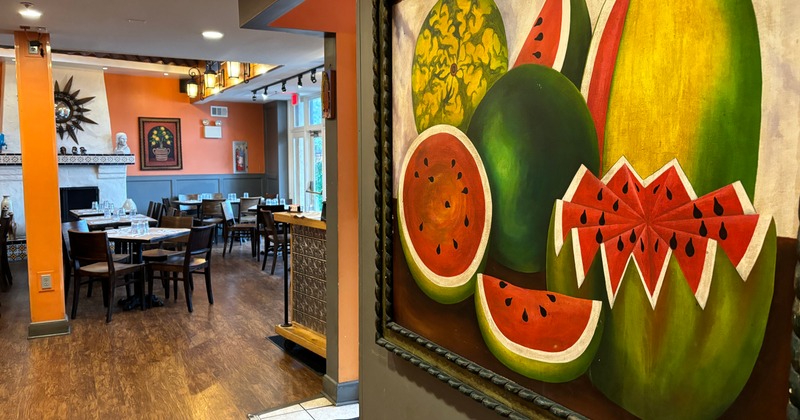 Restaurant dining area, wall mural depicting watermelons