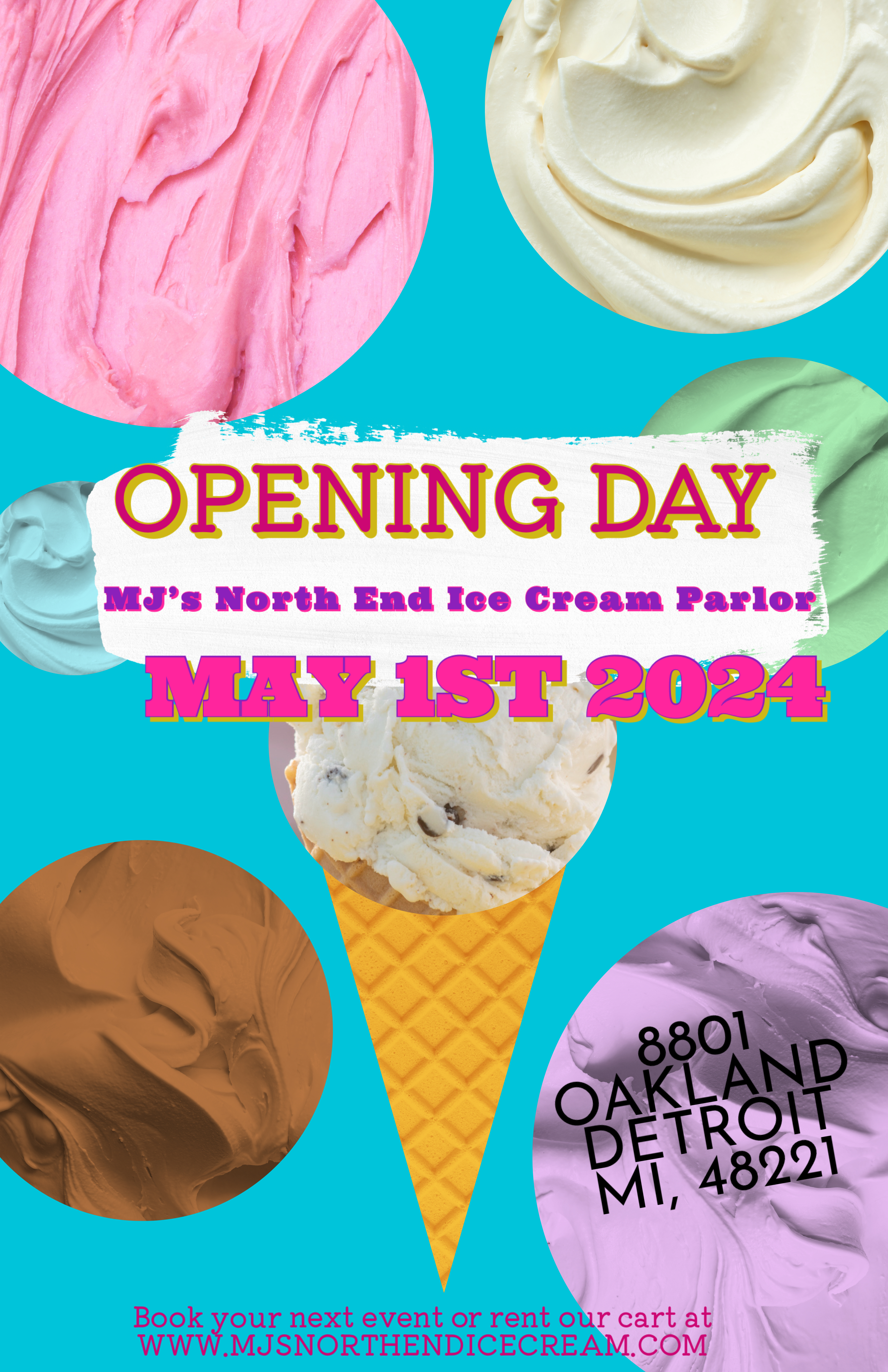 A flyer with ice a picture of our ice cream cone promoting opening day