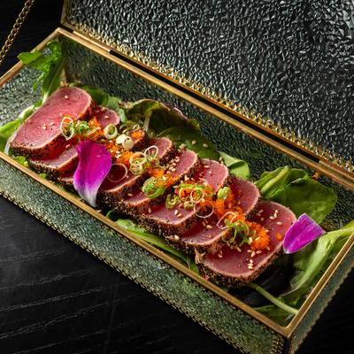 Pepper seared tuna steaks.