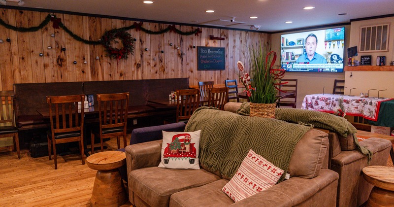 Interior, seating area with cozy sofa