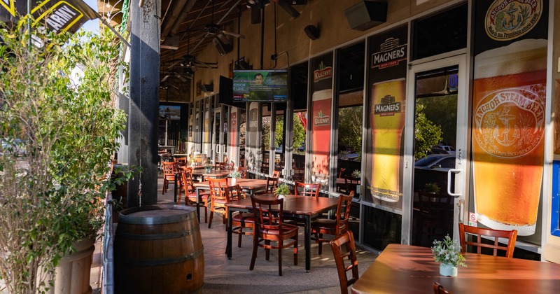 Exterior, covered patio with seating area