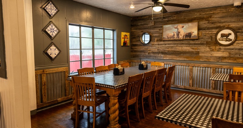 Interior, dining area, long table and chairs