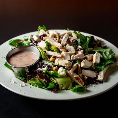 Cranberry Walnut Chicken Salad, with spring mix, feta, and red wine vinaigrette.