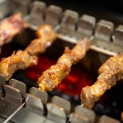 Meat skewers cooking on a grill.