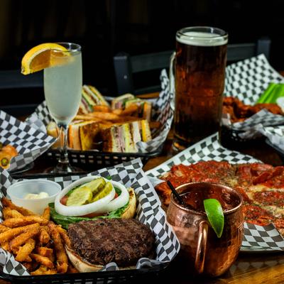 Assorted dishes and drinks.