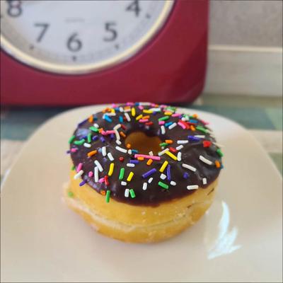 Chocolate icing donut with sprinkles.