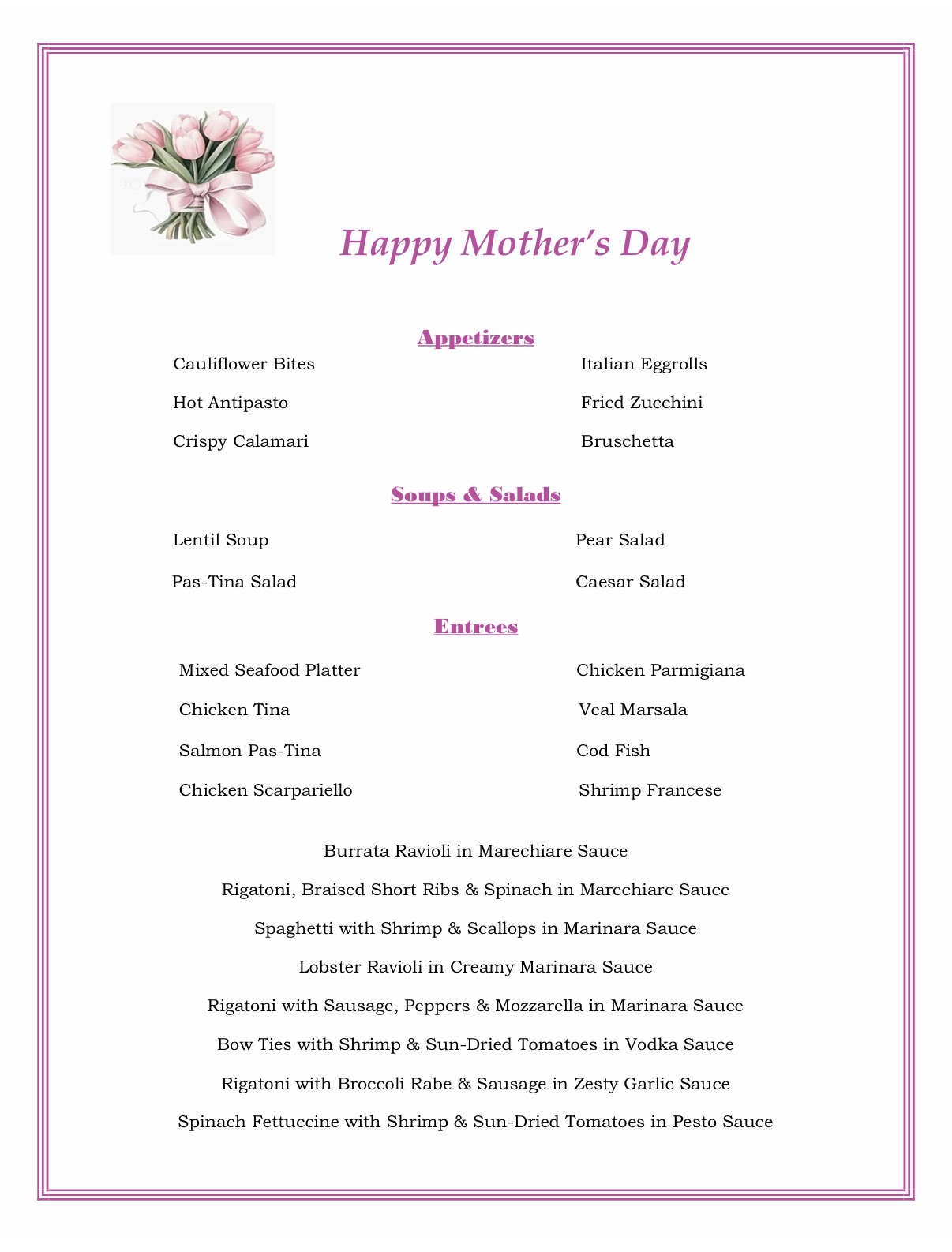 Mother's Day Menu