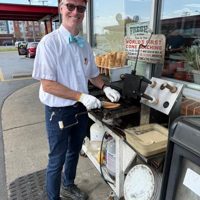 baking ice cream cones on the world's first ice cream cone machine.