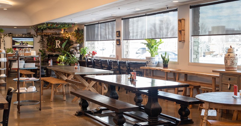 Interior, diner area, table and benches