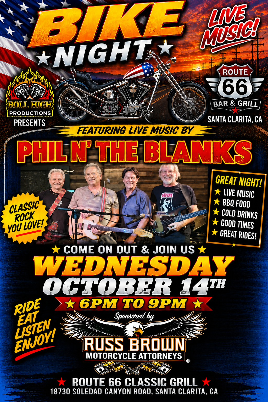 Wednesday October 14 6pm Live Music Bike Night featuring Phil N The Blanks