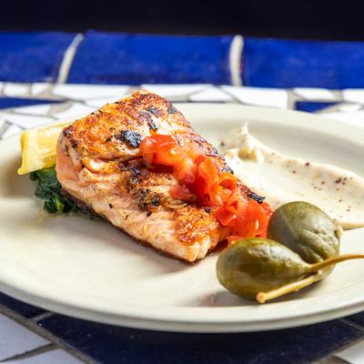 Salmon, caperberries, and lemon cream meal.