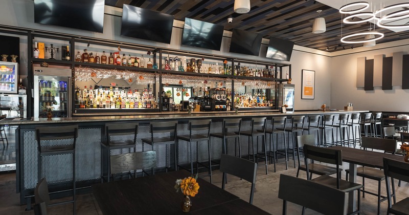 Interior, bar area, bar and bar stools