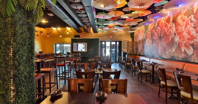 Interior space, dining area, Japanese parasols hanging from the ceiling