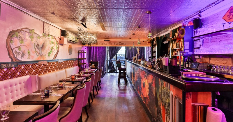 Interior, wide view, bar on the right, diner area on the left by wall