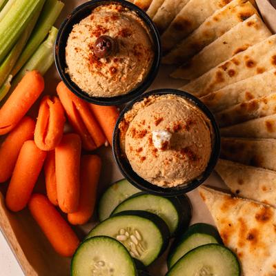 Chickpea hummus, warm pita, and veggies.