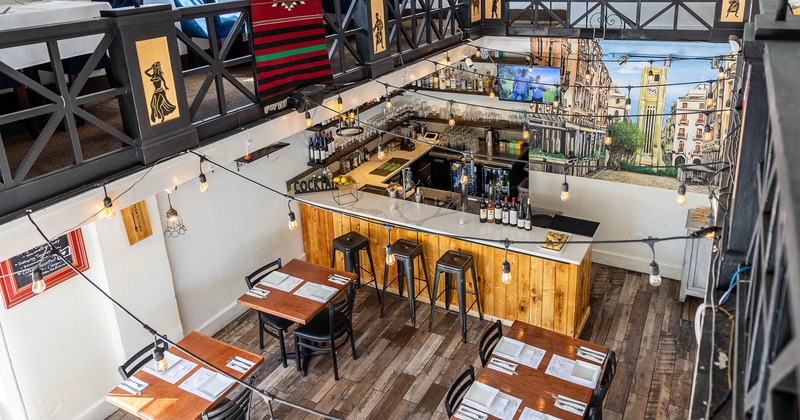 Interior, view from above on seating area and bar