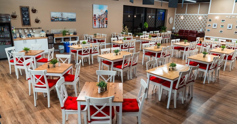 Interior, tables and chairs