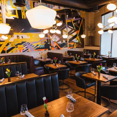 Interior, dining area, with booths, tables and banquette seatings