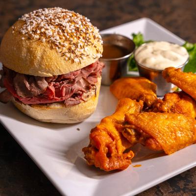 Roast beef sandwich and chicken wings.