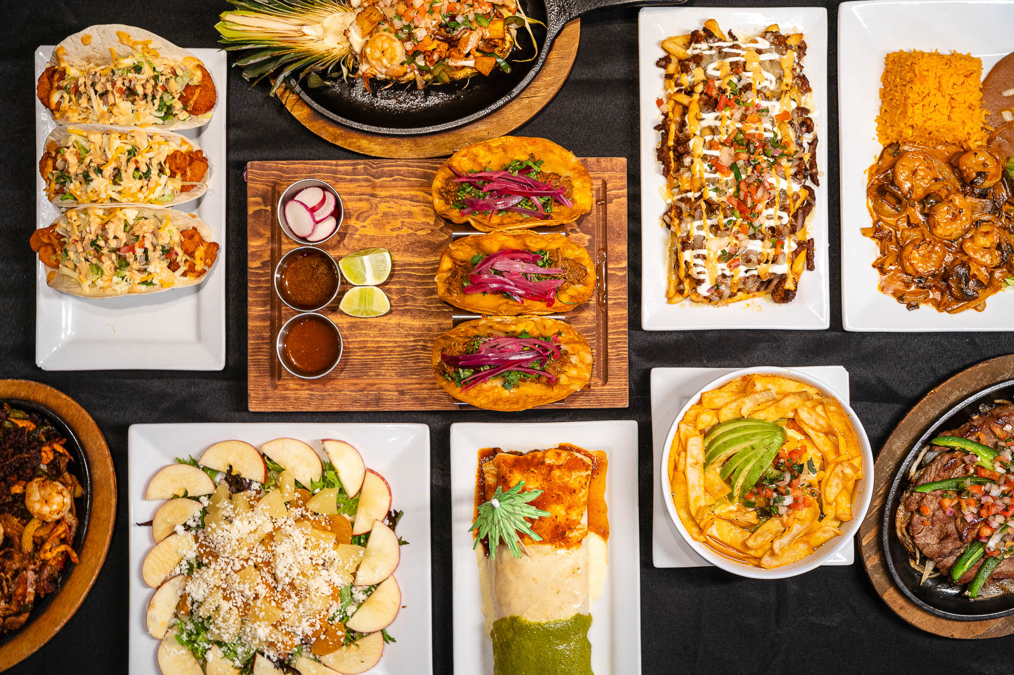 authentic Mexican dishes including birria tacos, chicken salad, tortilla soup, burrito Bandera