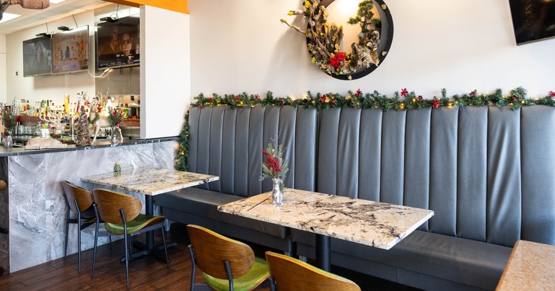 Interior, booths with tables and chairs