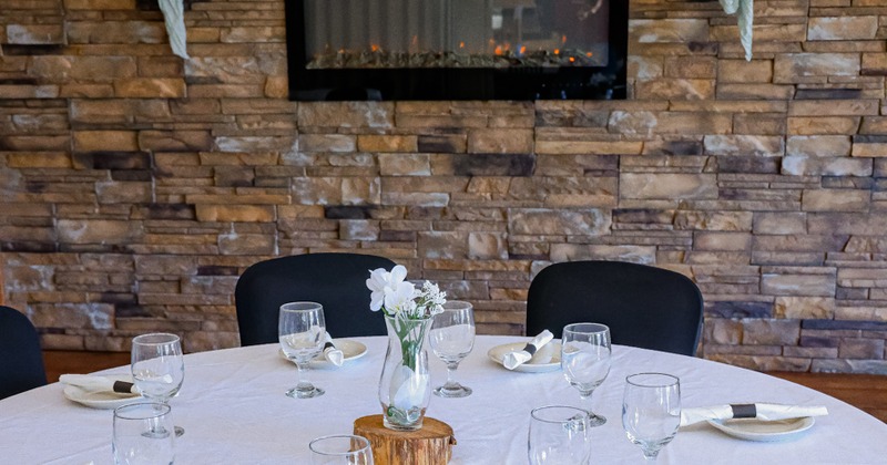 Elegantly decorated and set round table close up