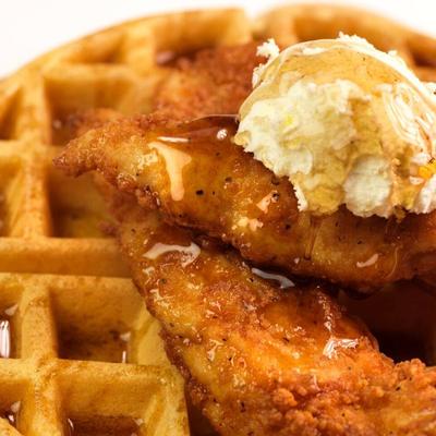 Chicken & Waffles, extreme close up shot.