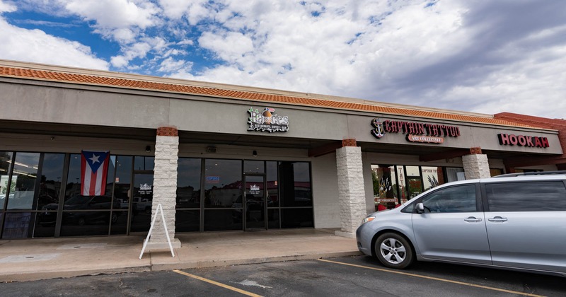 Exterior, front entrance and parking lot