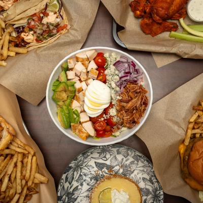 Various food dishes, top view.