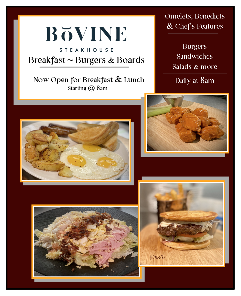 A flyer promoting breakfast and lunch.  Pictures of lobster benedict and a burger