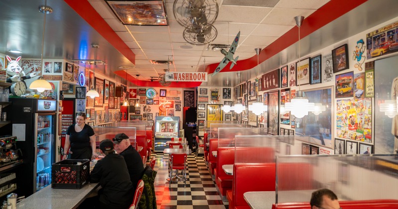 Interior, seating booths lined up