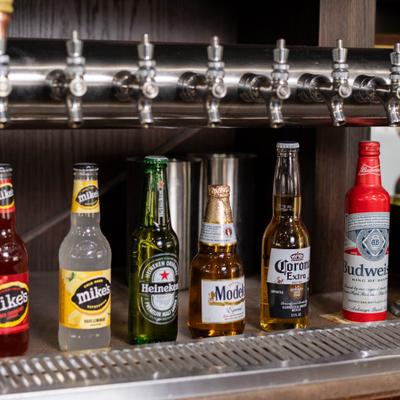 Various beer and lemonade bottles.