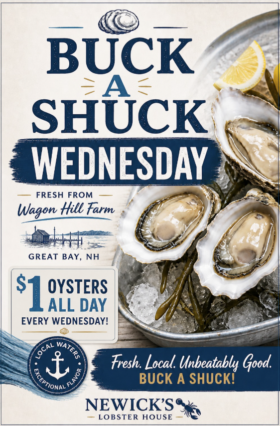 Oyster Wednesday Buck a Shuck $1 oysters promotional flyer Dover NH