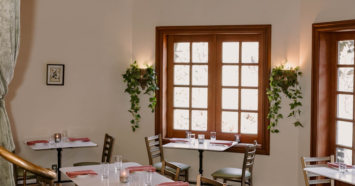 Interior, tables and chairs next to the windows