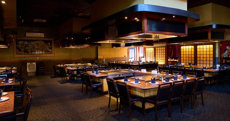 Dining area with large tables ready for guests